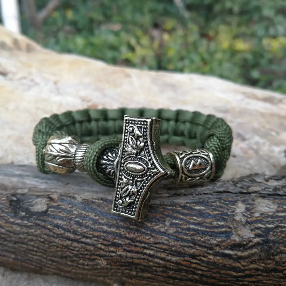الأخضر الداكن سوار paracord نورس فايكنغ الرونية الخرز مزين سوار الرجال أساور ثور مطرقة حبل أساور للرجال مجوهرات