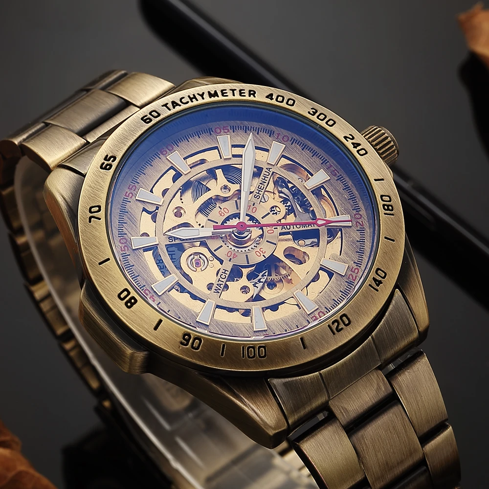 

Shenhua Men Brand Luxury Bronze Skeleton Mechanical Wrist Watch Stainless Steel Self Winding Automatic Watches Relogio Masculino