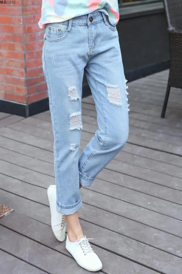Женские прямые брюки длиной до щиколотки больших размеров, джинсы для женщин, джинсы с высокой талией, потертые модные дырявые брюки