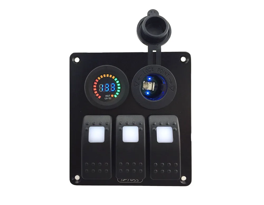 

DC 12V -24V Power Charger Socket+DC 12V voltmeter 3 Gang white Rocker Switch Panelfor Marine Boat Car RV Vehicle