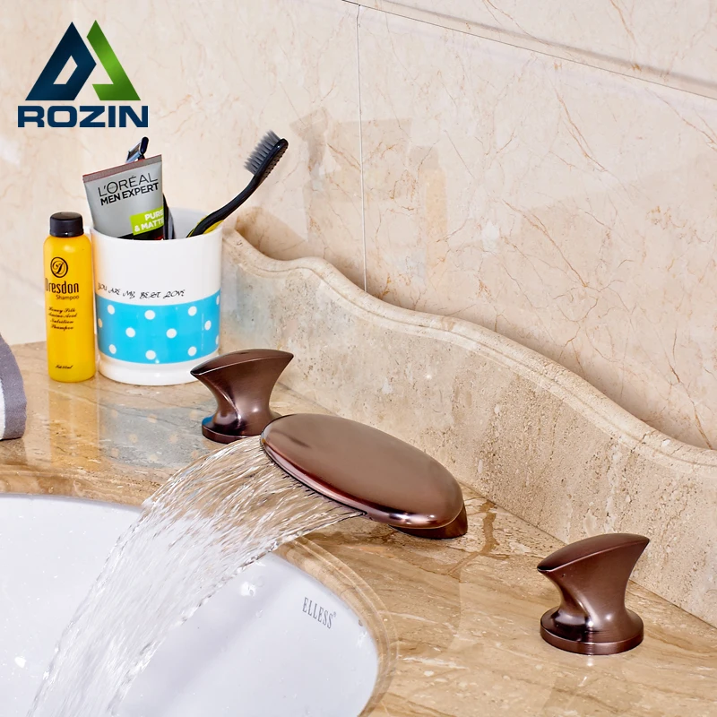 

New Modern Dual Knob Basin Faucet Waterfall Spout Widespread 3 Hole Bathroom Tub Mixer Taps Oil Rubbed Bronze
