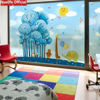 

Cartoon blue tree animal pattern electrostatic matte film living room bedroom kids room kindergarten sliding door window film