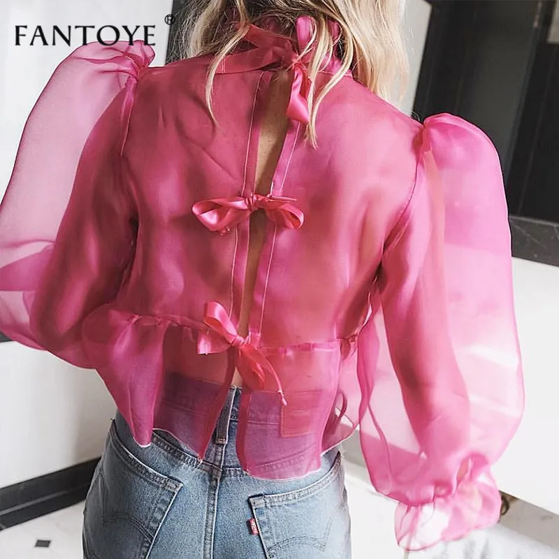 Fantoye Женская мода тонкий тюль прозрачные блузки рубашка элегантные женские