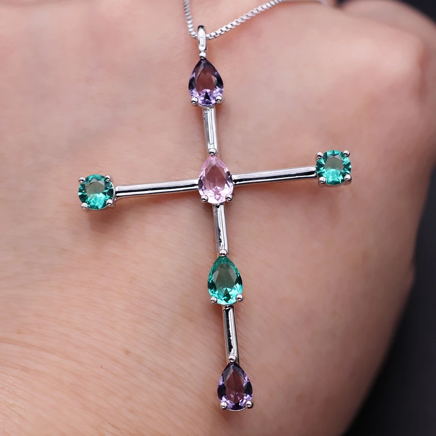 Очаровательные Подвески в виде креста, ожерелье, много цветов, прозрачный натуральный кристалл, стеклянный камень для женщин, зеленый Фианит, цепочка, ожерелье, модное ювелирное изделие