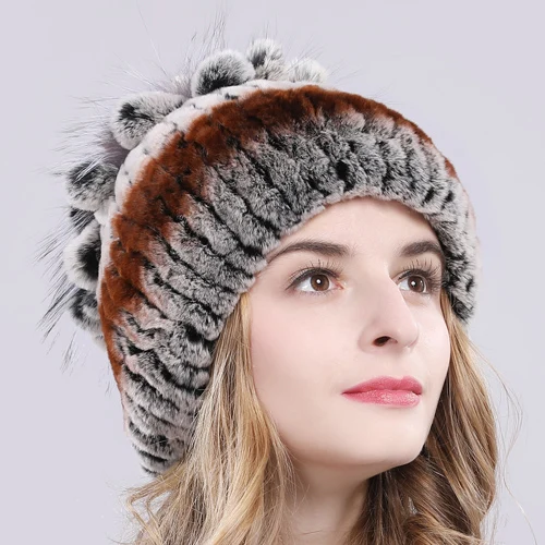 Women Natural Real Rex Rabbit Fur Beanies Hats Winter Warm Knitted Rex Rabbit Fur Caps New Female With Fox Fur Skullies Hat - Цвет: color 7