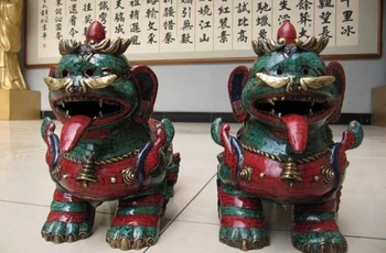 

Nepal Pure Bronze inlay turquoise coral beast Lion Pair 8.02