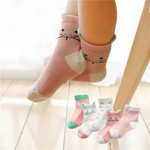 5 пар/лот, детские носки с героями мультфильмов летние носки для девочек, детские хлопковые носки с принтом животных для мальчиков и девочек, тонкая одежда для малышей - Цвет: cat