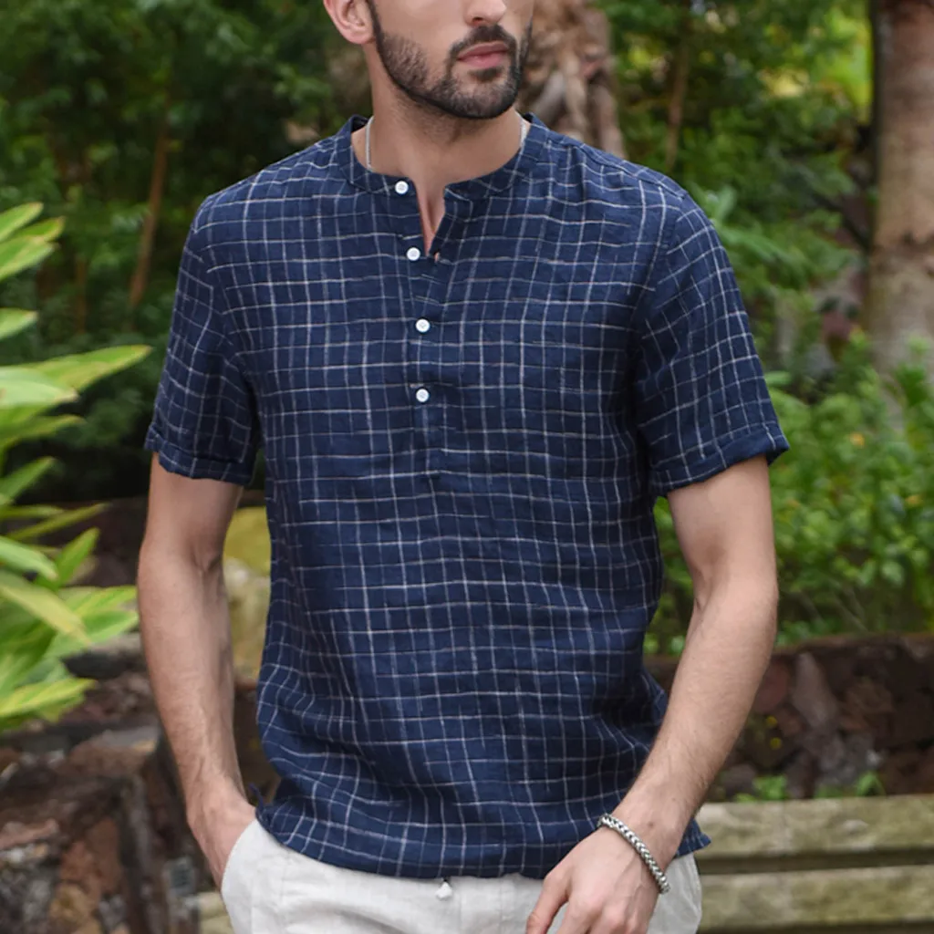 

camisa masculina Men Vintage Splicing Button Linen Solid Short Sleeve Retro Shirts Tops Blouse