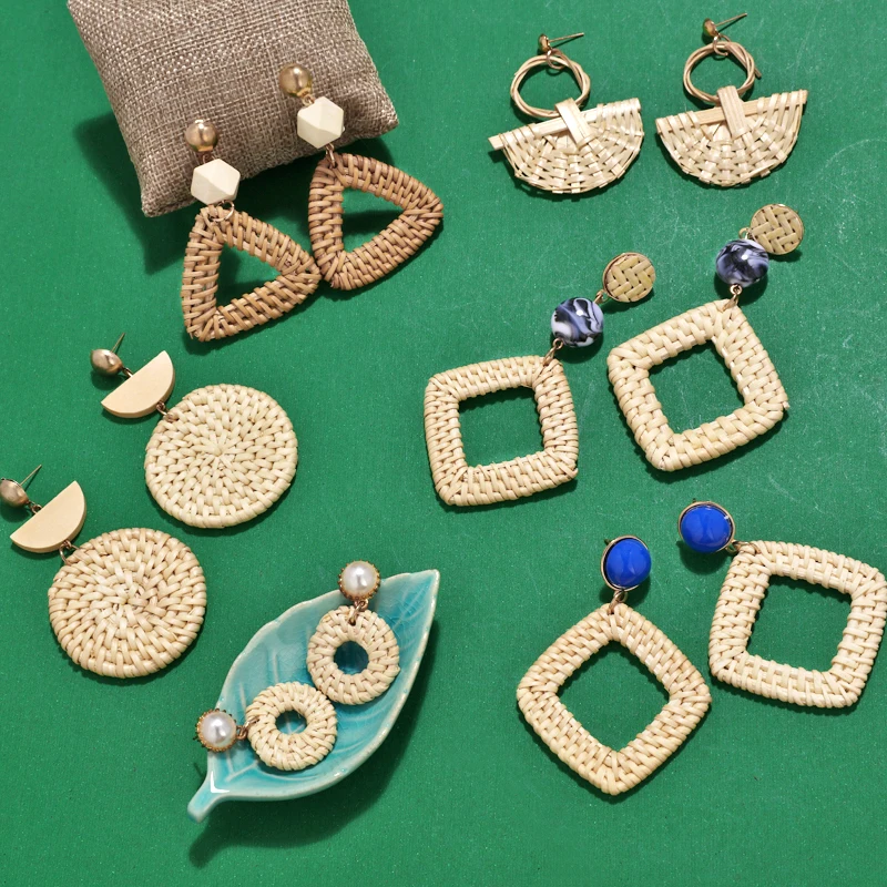 

Hesiod Korea Bohemia Handmade Geometric Drop Earrings For Women Boho Straw Weave Knit Earring Vacation Party Jewelry