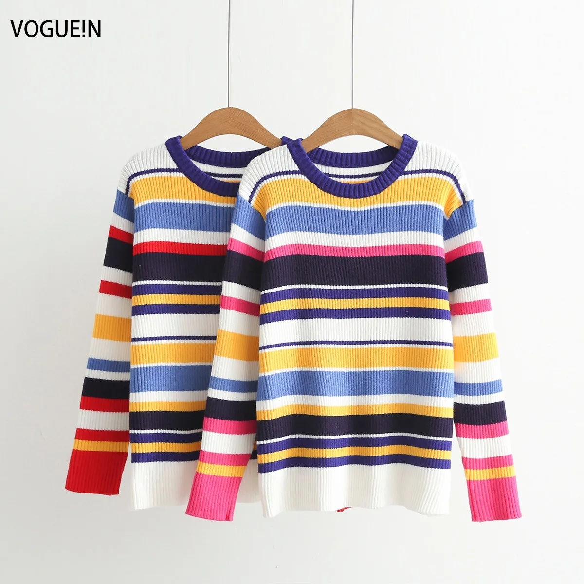 

New Womens Colorful Striped Elastic Long Sleeve Pullover Sweater 2 Colors