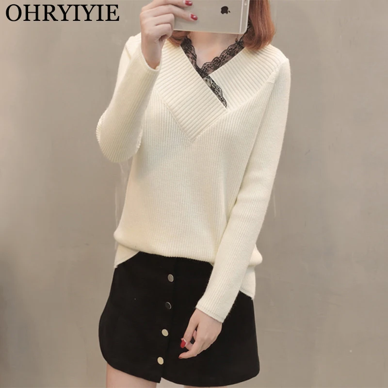 

OHRYIYIE 2019 Winter Lace Sweater Women Fashion V-neck Long Sleeve Knit Sweaters And Pullovers Female Tricot Jumper Pull Femme