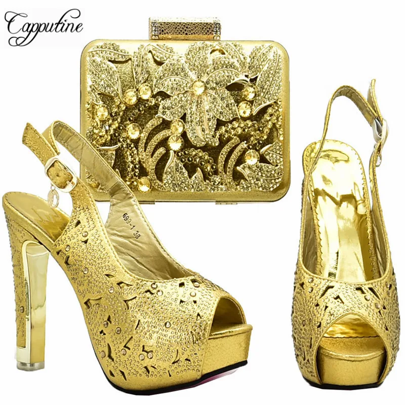 Capputine New Arrival Italian Rhinestone Shoes And Bags Set For Party Nigeria High Heels Shoes And Bag Set Size 37-42 DF-12