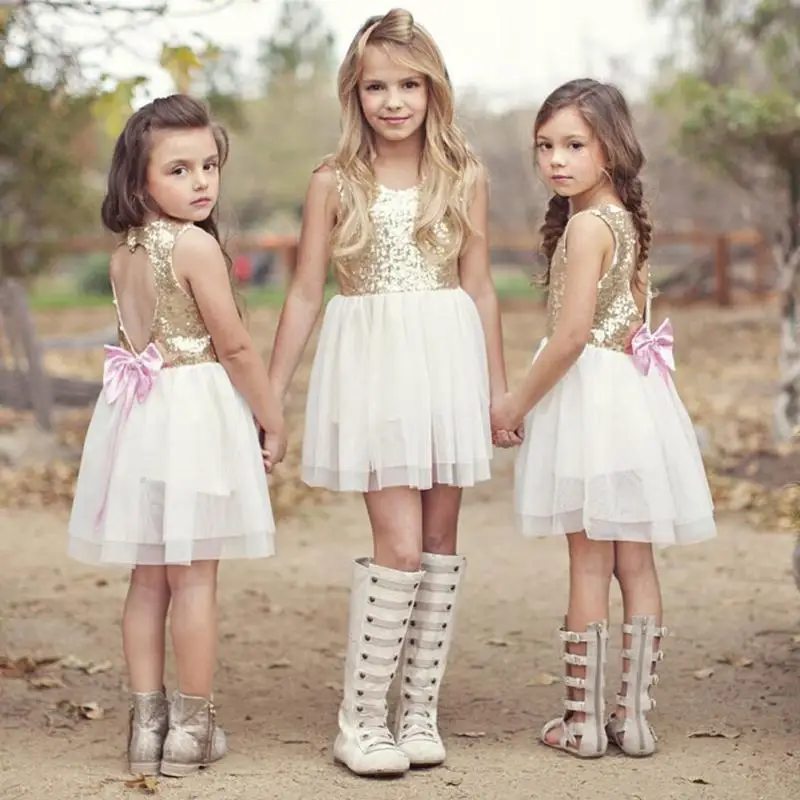 

Kids Sequins Dress for Baby Flower Girl Summer Dress with Bow Backless Party Gown Bridesmaid Dresses