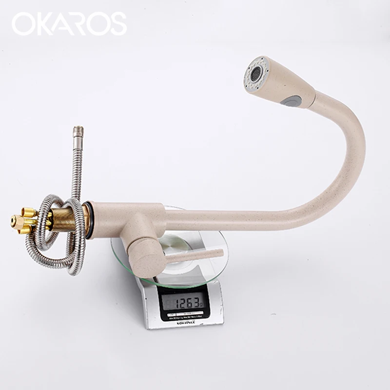  OKAROS Beige Kitchen Sink Faucet High Ack Pull Out Down Double Sprayer Way Hot Cold Water Tap Mixer - 32871274429