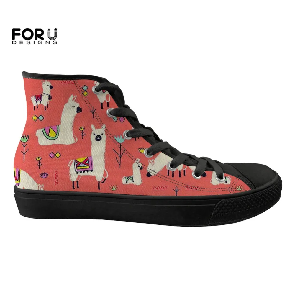 

FORUDESIGNS Women Sneakers Flats Cartoon Alpaca Brand Designer Ladies High Top Canvas Shoes Lace-up Women's Comfortable Shoes