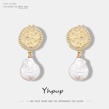 

Yhpup Fashion Korean Exquisite Bling CZ Natural Pearls Dangle Earrings Statement Brincos for Female Party Gift