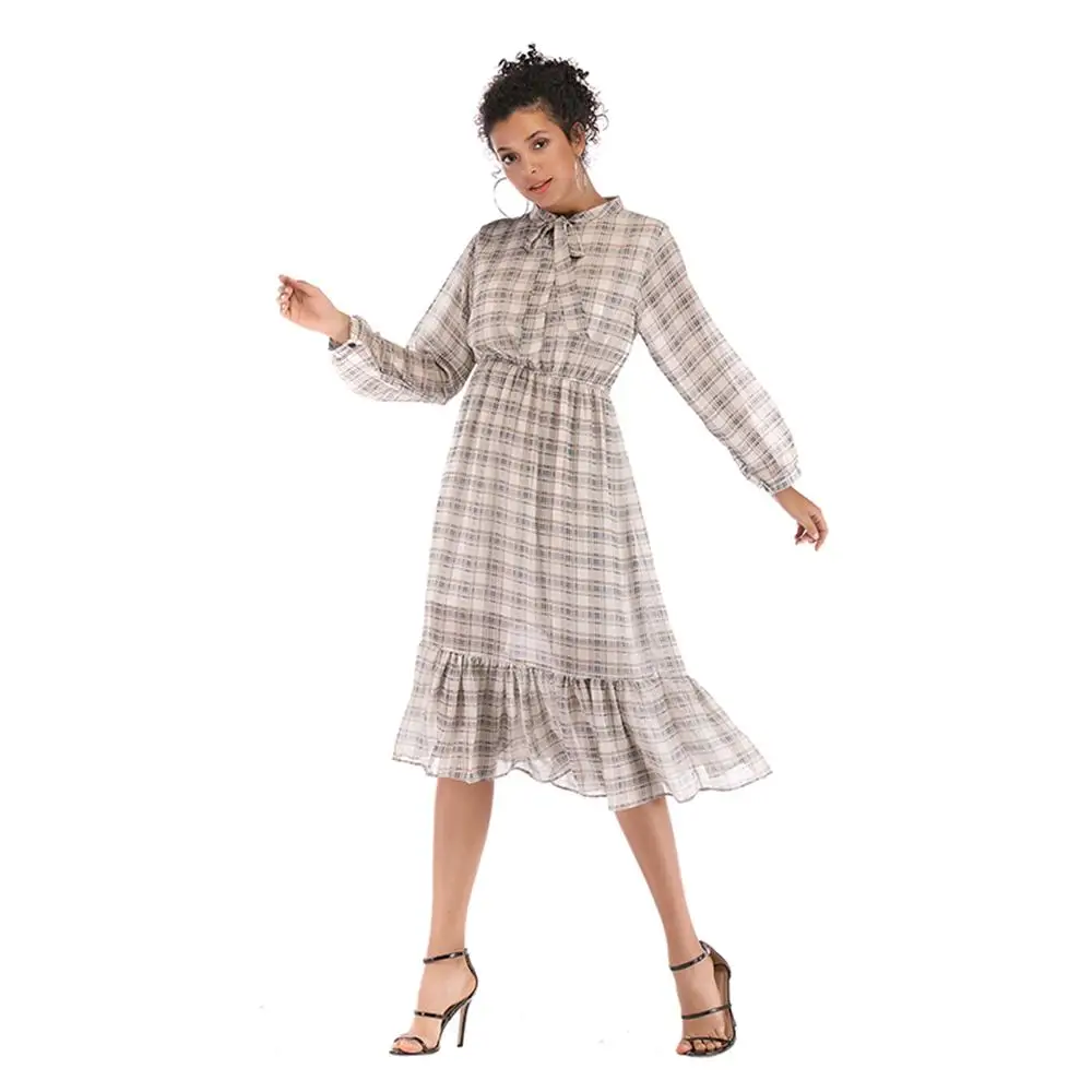 Women Plaid Dress Slim Ruffled Chiffon Bow Dresses Long Sleeve Elastic Waist Retro Maxi Dress Beach vestidos de fiesta Women Plaid Dress Slim Ruffled Chiffon Bow Dresses Long Sleeve Elastic Waist Retro Maxi Dress Beach vestidos de fiesta