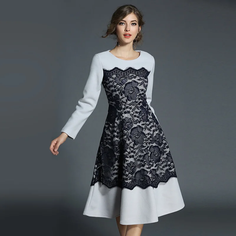 2017 Winter women new high quality Elegant lace Cashmere thick dress