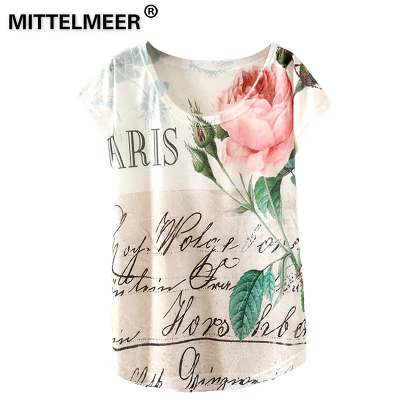 

MITTELMEER New Cotton T-Shirt Women Short Sleeve O-Neck Casual Floral Print Rose t shirt Summer tops for women Fashion Tees