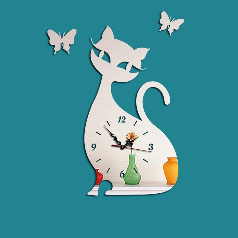 

20.7x27.9cm Cat Sticker Children Wall Clock Designer Mirror Clock Wall Clock Cat Butterfly Wallclock Home Decor Watch Superior D