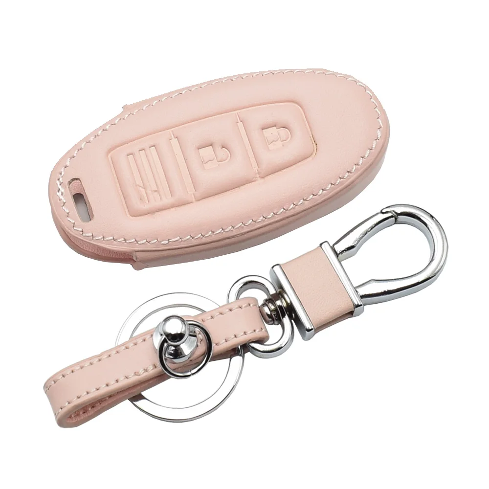 Кожаный чехол для ключей автомобиля для Nissan 350Z Almera Altima Armada Qashqai Cefiro Cube Juke Livina пульт дистанционного управления брелок Защитная крышка брелок сумка - Название цвета: Pink