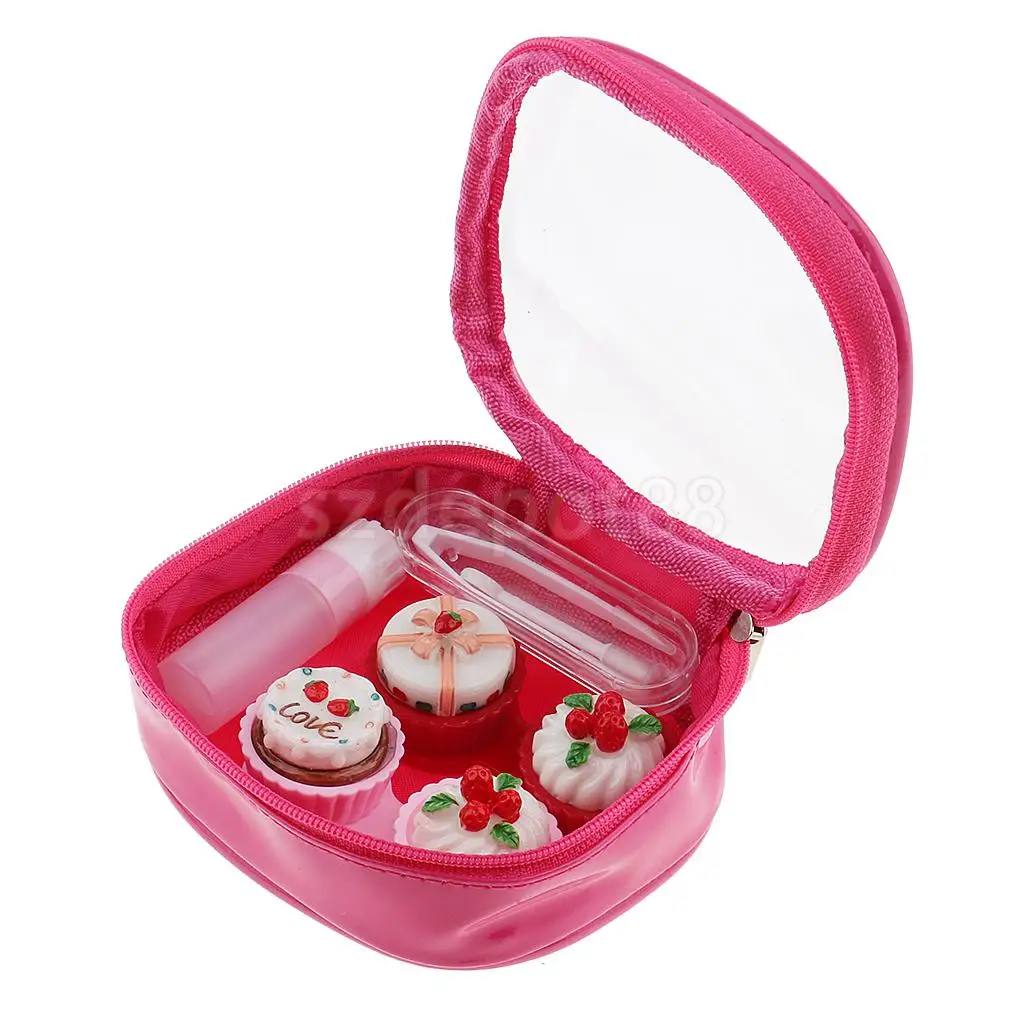 2 Set Mini Contact Lens Box Travel Cartoon Cute Cream Cake Contact Lenses Holder with Storage Zipper Pouch Black/ Rose Red
