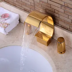 Бесплатная доставка Золотой Ванная комната твердой латуни двойной Ручки водопад раковина кран Широкое смесителя