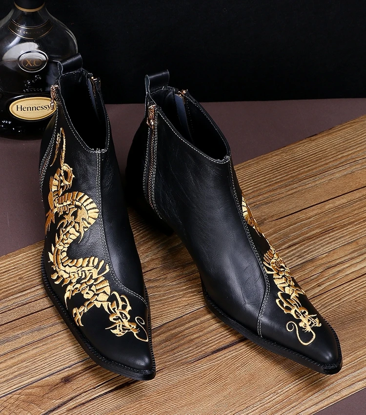 

Italian style men's cowhide leather ankle boots short pointed embroidery leather shoes Black dragon print cool boots men 46