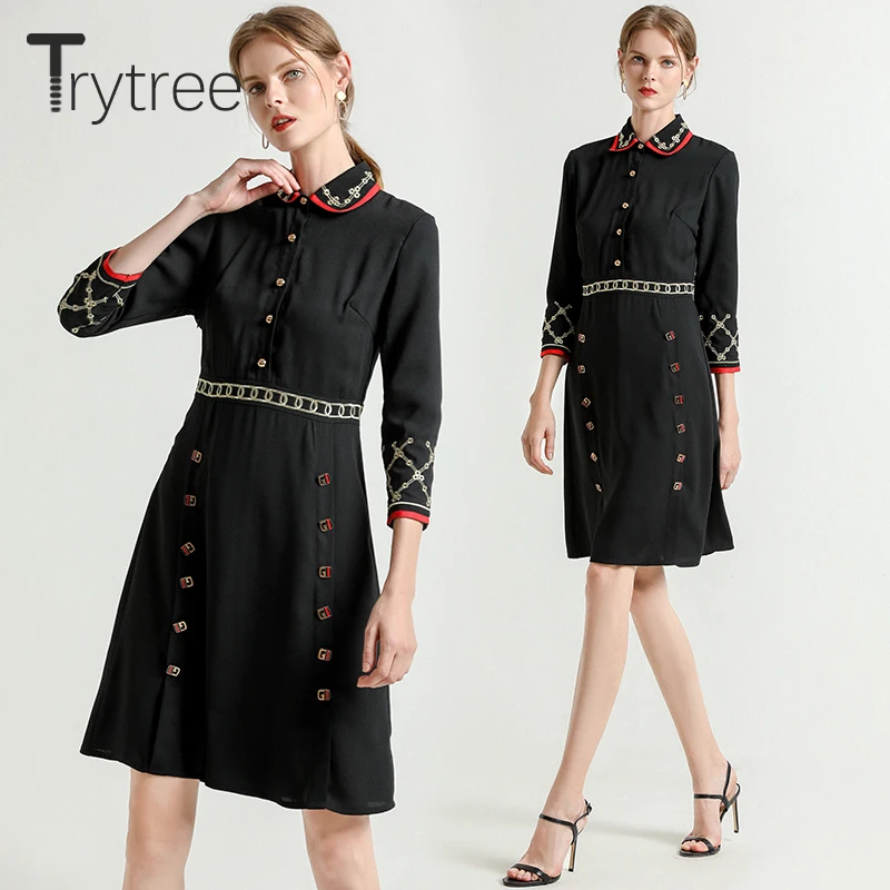 Trytree осеннее женское платье повседневное отложной воротник вышивка геометрические платья черные офисные женские длина выпрямленного колена платье