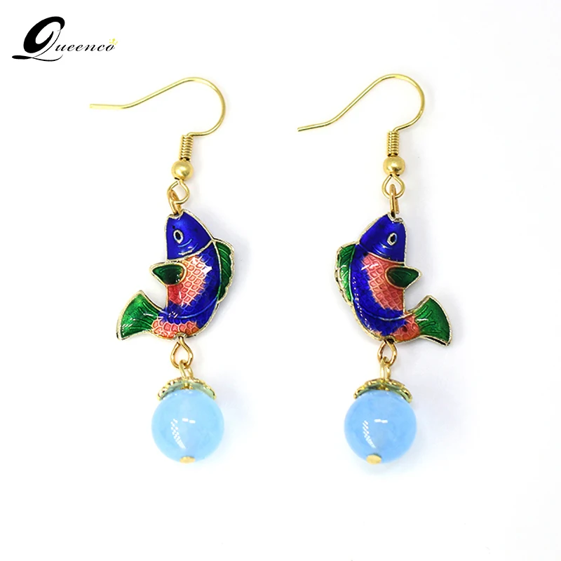 

Ethnic Cloisonne Fish Earings Original Blue Bead Drop Earrings Gold Plating Handmade Earrings Ethnic Jewelry Female Ornament