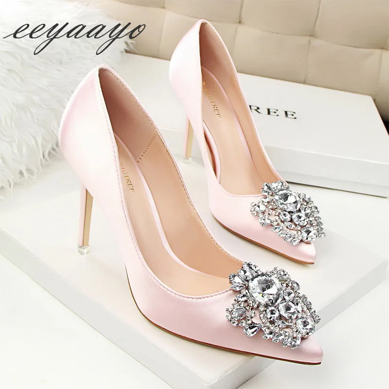 Г. Новые Демисезонные женские туфли-лодочки пикантная элегантная женская обувь на высоком тонком каблуке, с острым носком, без шнуровки, украшенная кристаллами розовый цвет, высокий каблук