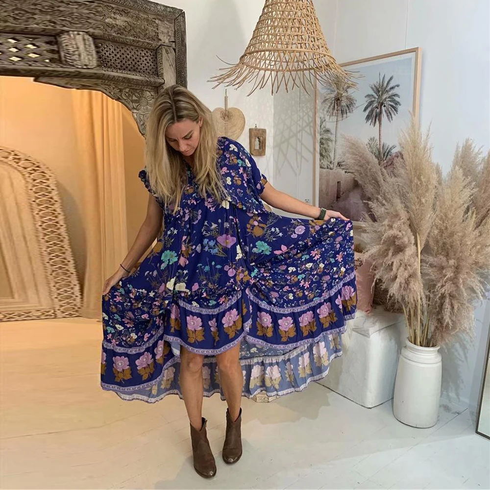 

KIYUMI Dress Women Rayon Summer Dress Wild Bloom Boho Short Sleeve Floral Printed Ruffles 2019 Loose Beach Blue Long Dresses New