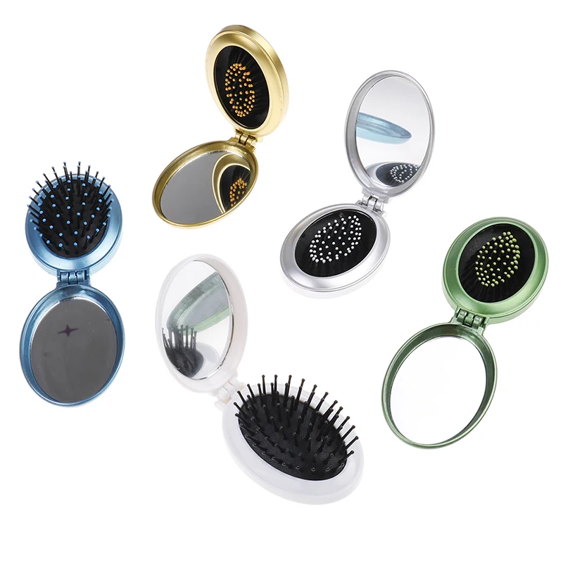 Anti-static Portable Round Pocket Small Size Travel Massage Folding Comb Girl Detangling Hair Brush With Mirror Styling Tools