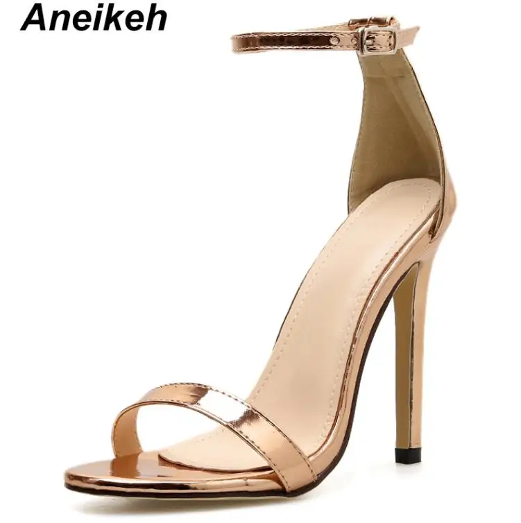Aneikeh/модные босоножки из искусственной кожи на высоком каблуке с ремешком на щиколотке и пряжкой женские босоножки на тонком каблуке с открытым носком Летняя обувь Размеры 35-40 - Цвет: Champagne gold