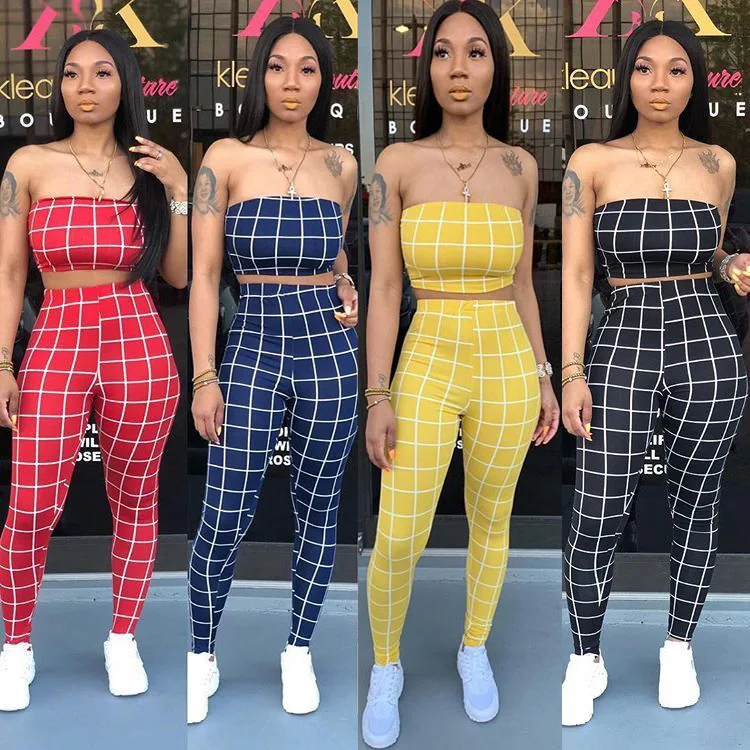 

Plaid 2 Piece Outfits for Women Fashion Short Strapless Sexy Crop Top and Pant Suits Co-ord Set Matching 2019 Summer Clothing