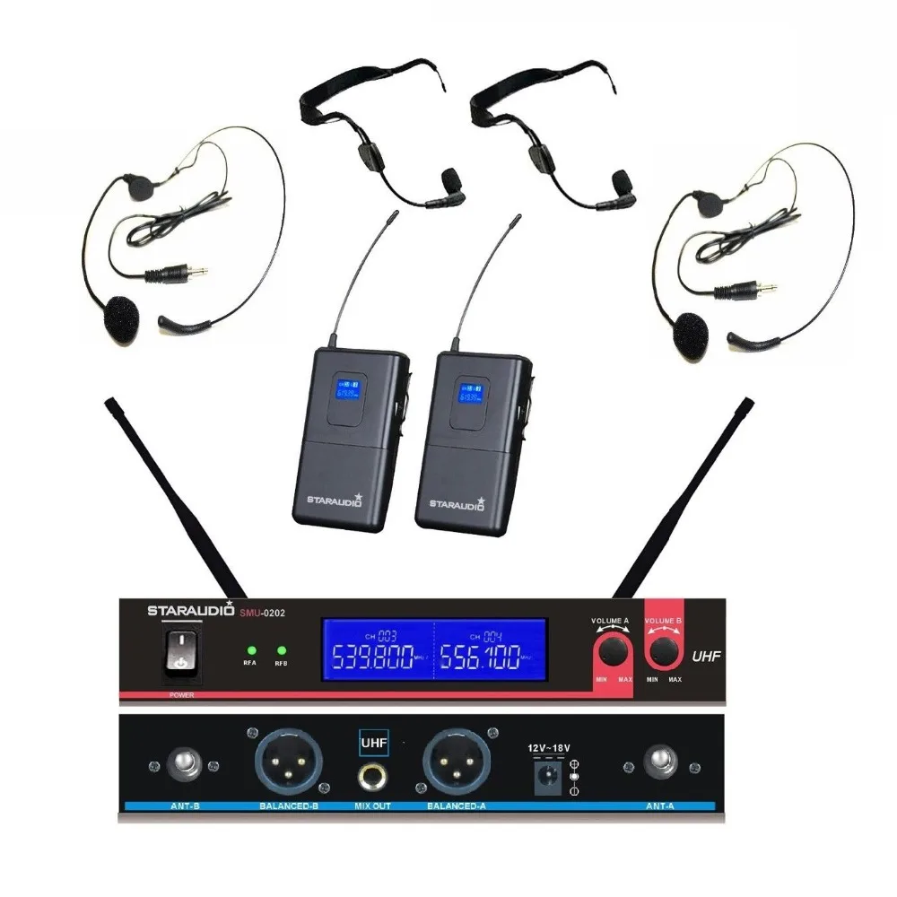 STARAUDIO 2CH Wireless UHF Microphone Dual Channel Headset lapel