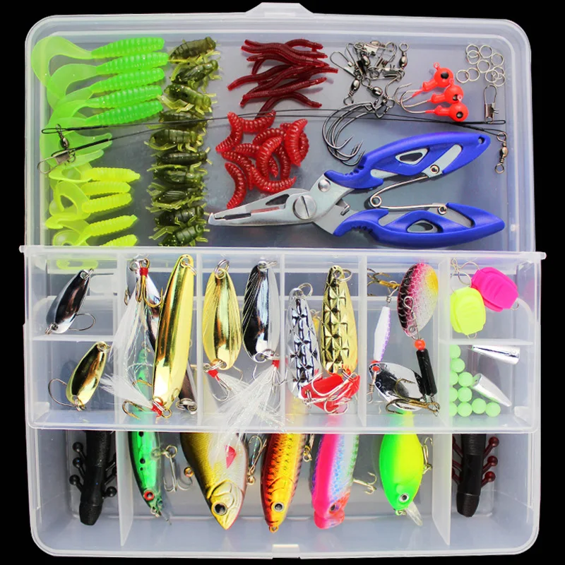 101 قطع كيت سبينر crankbait أسماك بوبر vib إغراء لينة الصلب ملعقة الساعد الطعوم الصيد السنانير طيات صيد السمك مربع