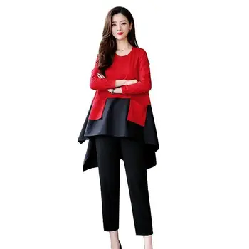 

2019 Spring Autumn Women Irregular Contrast Color Patchwork Top+Elastic Waist Solid Wide Leg Pant Suit Female Fashion Set Z433