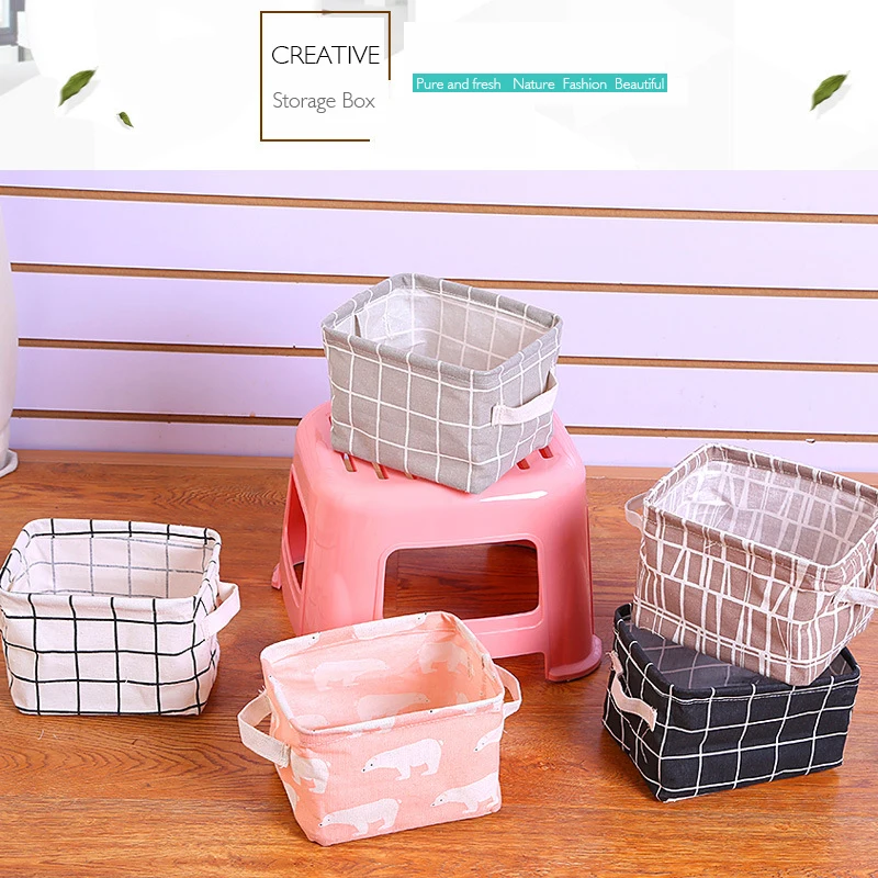 

Canvas Desktop Storage Basket Cute Printing Waterproof Organizer Cotton Linen Sundries Storage Box Cabinet Underwear Storage Bag