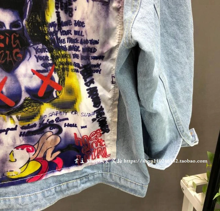 Denim Autocollant Manteau Jeans 2019 En Cowboy Sac Graffiti Femmes Kelly De Veste Étudiant Impression Pu À Ciel Manches Longues Vestes Lâche qngx7Unw
