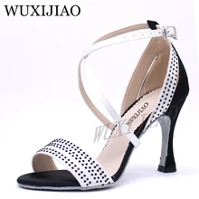 WUXIJIAO/Танцевальная обувь для сальсы, спарти, сатиновые блестящие стразы, мягкая подошва, обувь для латинских танцев, женская обувь для сальсы, Каблук 5-10 см