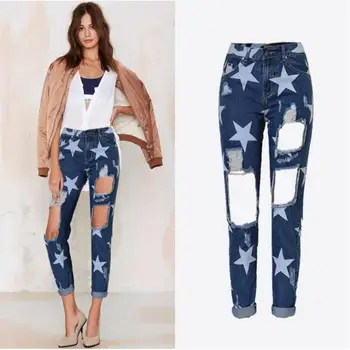 

SupSindy Women jeans High waist Straight mom jeans Punk Star print ladies ripped jeans for women blue wide Pants denim trousers