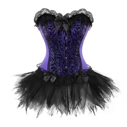 Женская Черная кружевная окантовка с цветочным рисунком, тонкий корсет, бюстье, топ с юбкой-пачкой, сексуальное готичное платье с корсетом