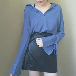 2018 Винтаж синий блузки и топы Для женщин Демисезонный Flare с длинным рукавом Элегантная рубашка Для женщин уличная блузки camisa feminina
