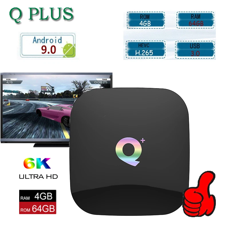 

Q Plus Smart TV Box Android 9.0 RAM 4GB 64GB Quadcore cortex-A53 WIFI 2.4G USB3.0 DC 5V/2A For Smart Android Netflix Set Top Box