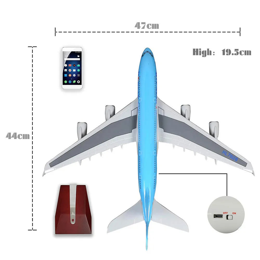 46 см 1: 160 литья под давлением модель самолета Корея Airbus A380 с светодиодный свет (прикосновение или звук Управление) плоскости для украшения