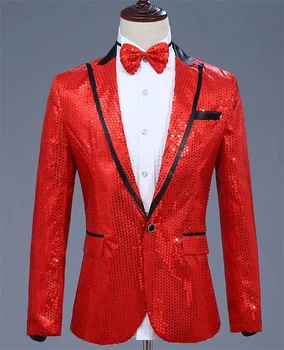 

New Arrival Lucky Red Sequined Men's Suit Jacket for the Show Coat Long Sleeve Peaked Collar Men Blazer for Party Groom