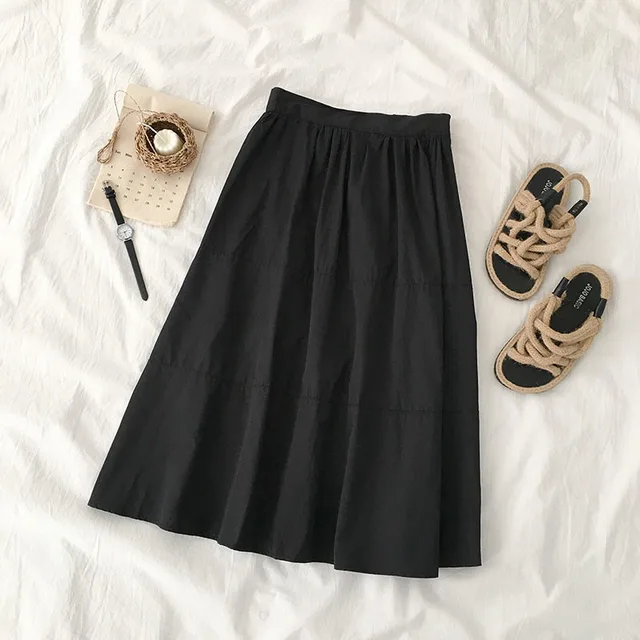 Elegant Korean Style Midi Skirt Women Black White High Waist Pleated