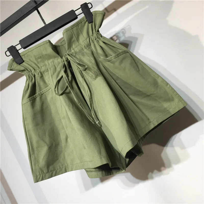 Повседневное рябить талии поясом ASOS шорты с бантом Армейский зеленый Высокая талия широкие шорты 2019 осенью новый Для женщин плотная шорты