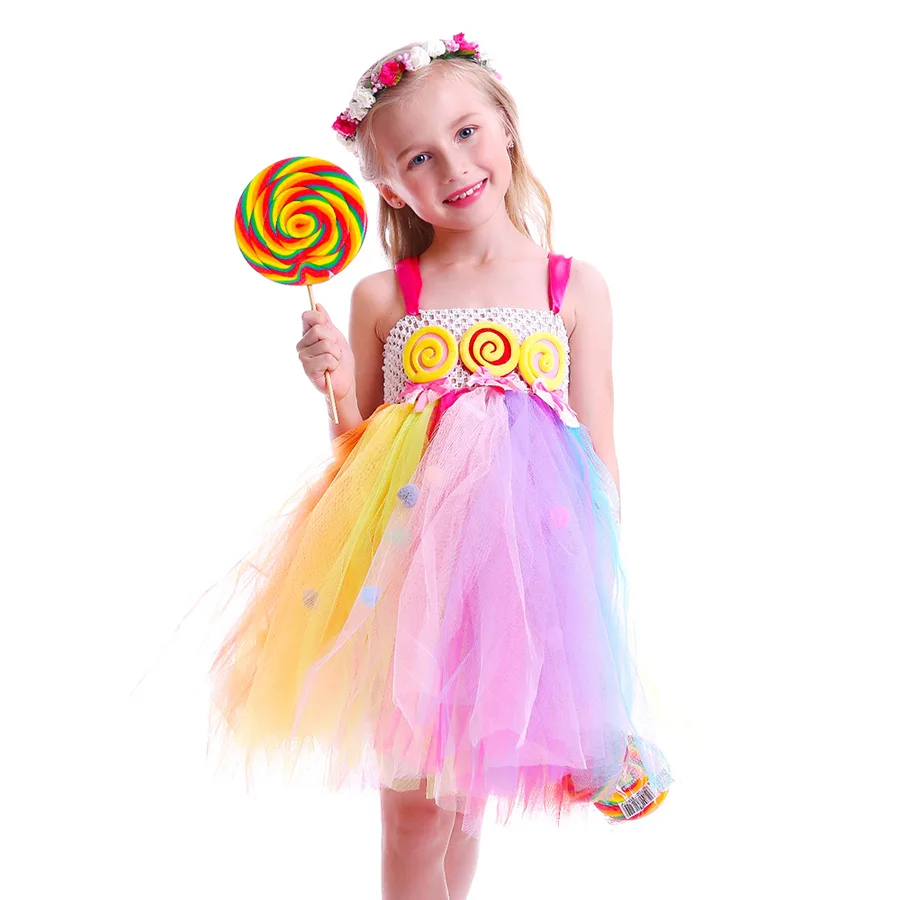Girls Rainbow Fairy Tutu Dress Sweet Kids Candy Lollipop Dress Children Pom pom Dress for Birthday Outfit Lollipop Gown (2)